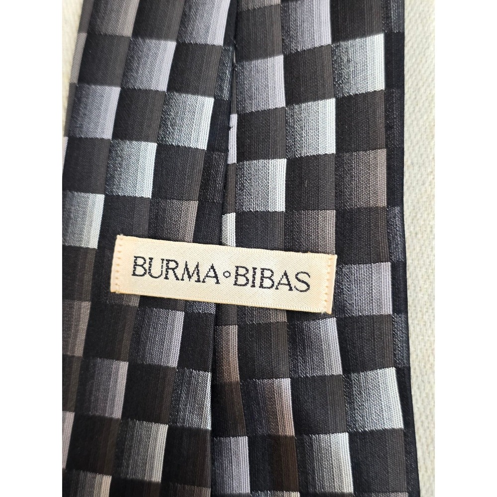 Burma Bibas Mens Silk Necktie Black Grey Silver Geometric Checkered Grid Pattern - Picture 6 of 6